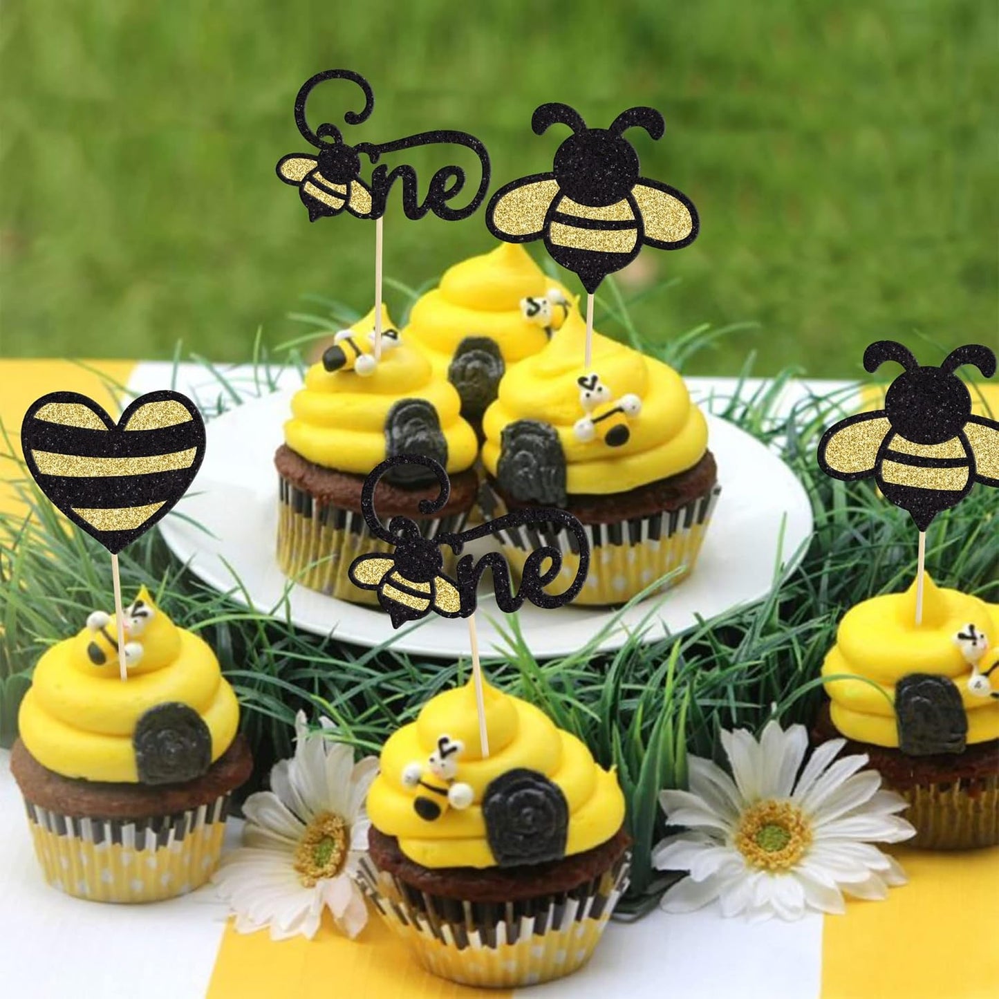 24Pcs Bumble Bee One Cupcake Toppers Heart Bumble Bee Cake Decorations for Boy Girl 1St Birthday Decorations Bee Baby Shower Beehive Honey Party Supplies