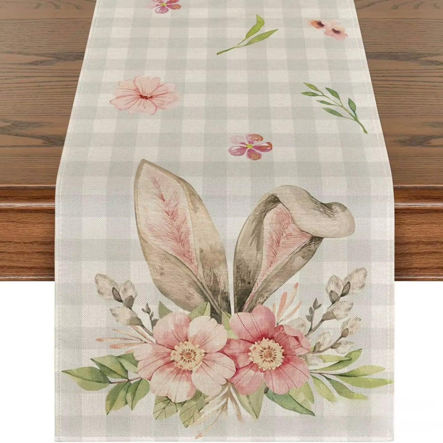 Easter Rabbit Colorful Eggs Flowers Green Plaid Linen Table Runners Washable Kitchen Dining Table Runners Wedding Decorations