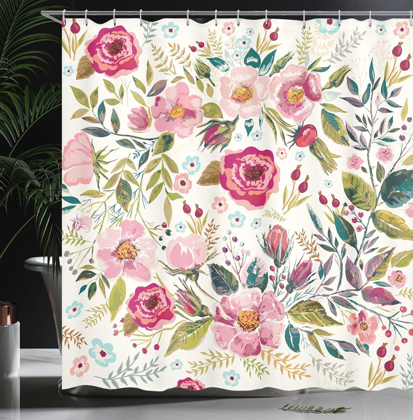 Floral Shower Curtain, Shabby Form Flowers Roses Petals Dots Leaves Buds Spring Season Theme Image, Cloth Fabric Bathroom Decor Set with Hooks, 69" W X 70" L, Magenta