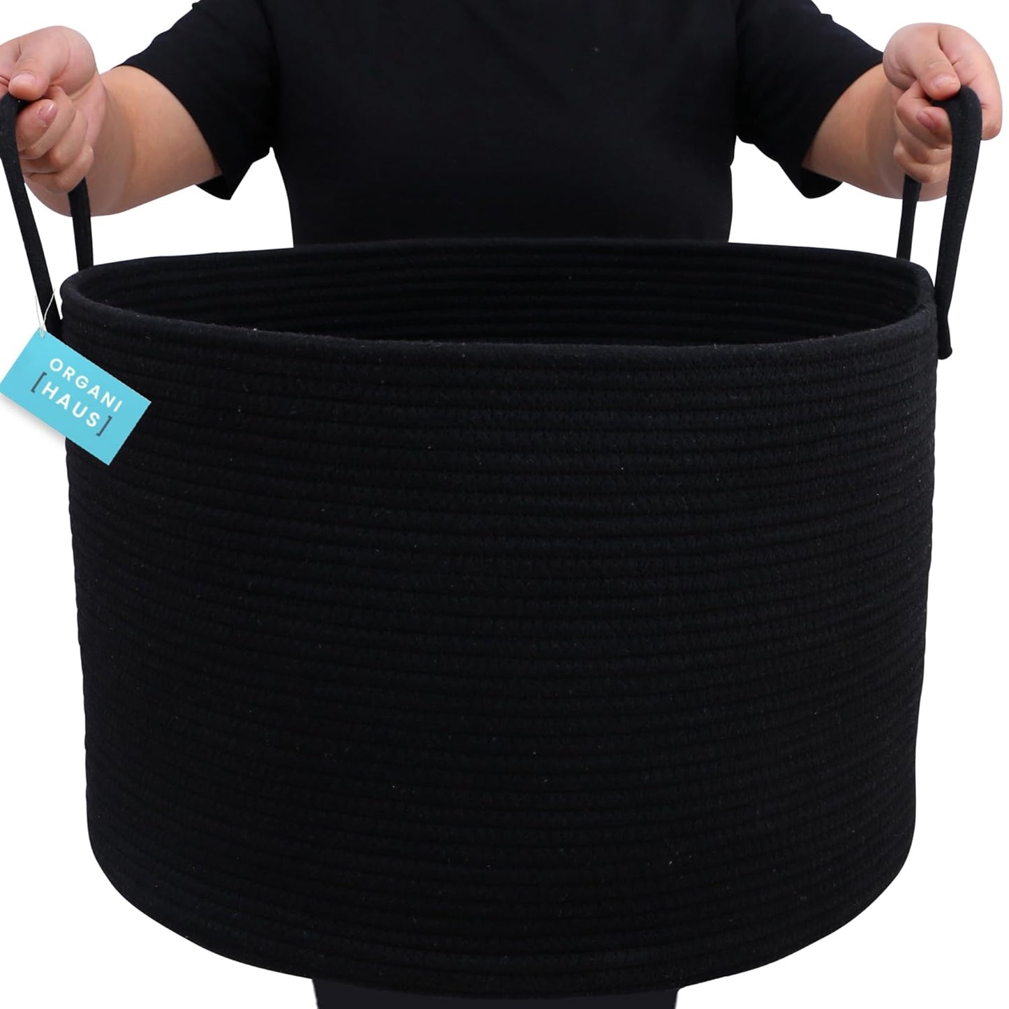 Black Basket for Storage 20X13, Big Basket for Blankets for Living Room, round Laundry Basket & Blanket Holder for Bedroom, Boho Blanket Basket, Pillow Basket & Toy Basket
