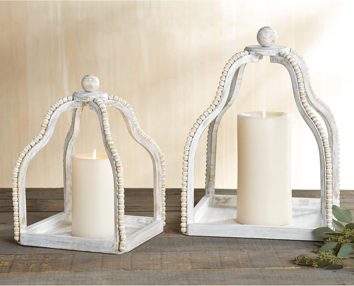 Wood Beaded Lantern Set, Distressed White WASH