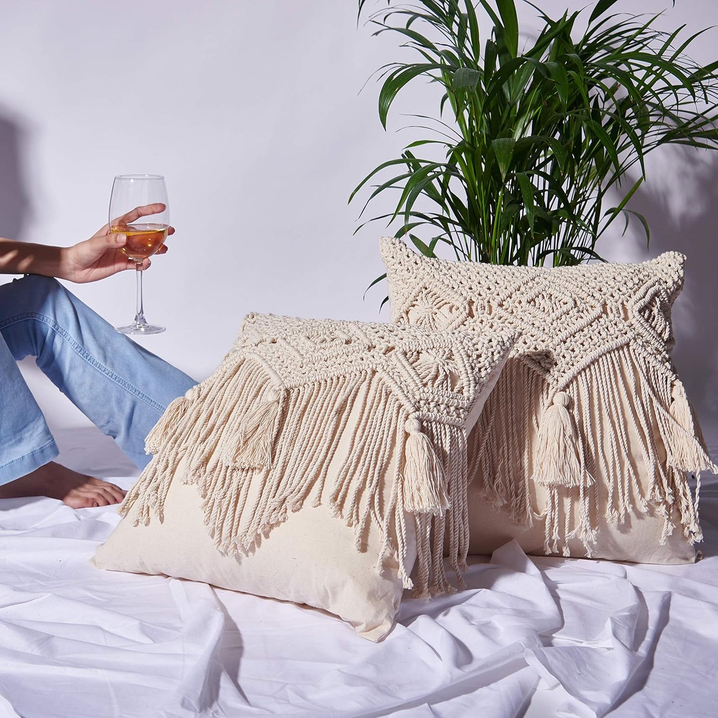 Boho Throw Pillow Covers 18X18, Macrame Decorative Pillow Covers, Modern Farmhouse Bohemian Pillowcases for Bed, Couch or Sofa, Set of 2 Farmhouse Pillow Covers with Tassels, Natural White