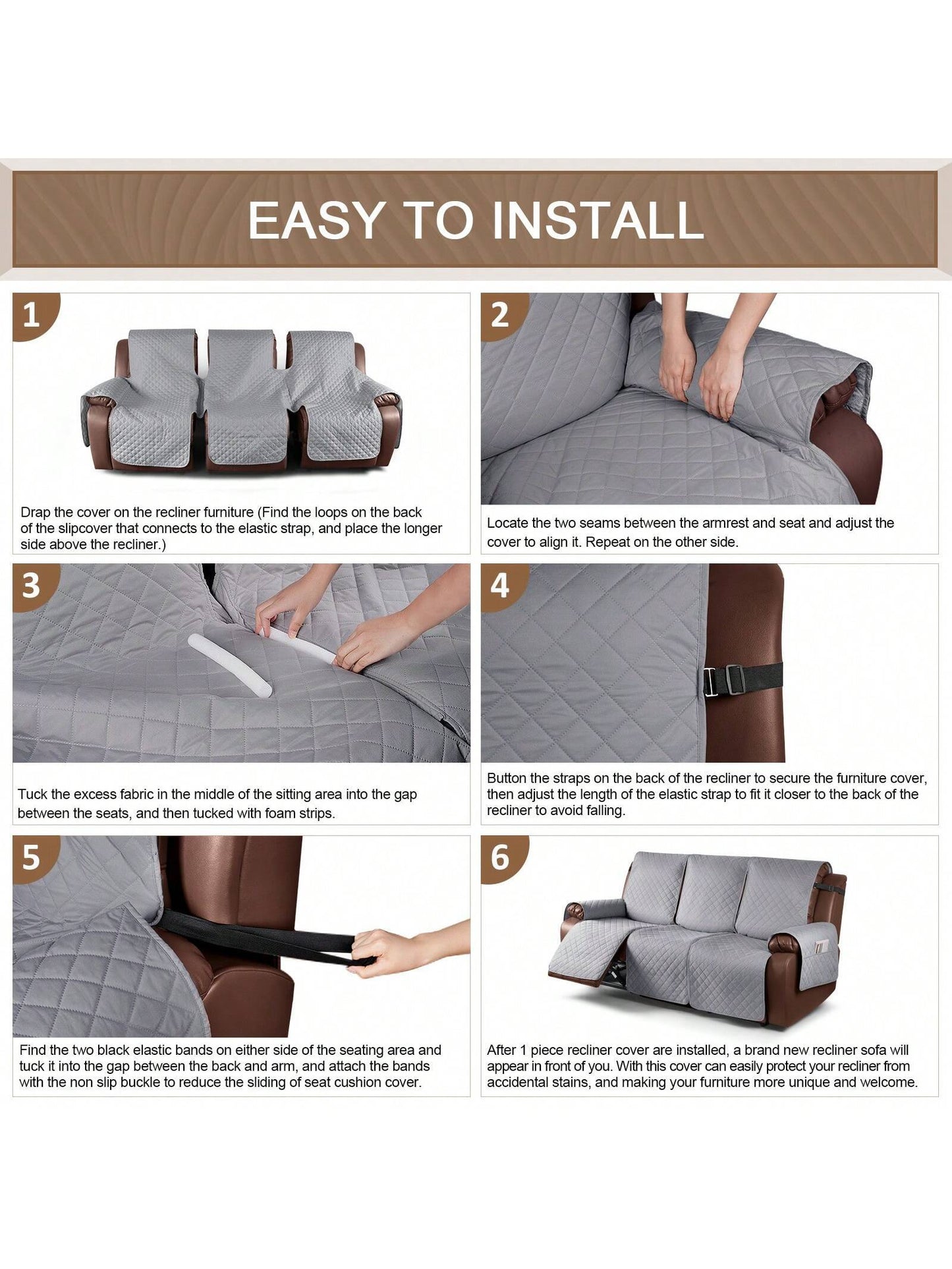 Waterproof Recliner Sofa Cover, Non-Slip Reclining Couch Covers for 1, 2 & 3 Seater, Recliner Couch Cover Furniture Protector with Elastic Straps for Pets, Kids