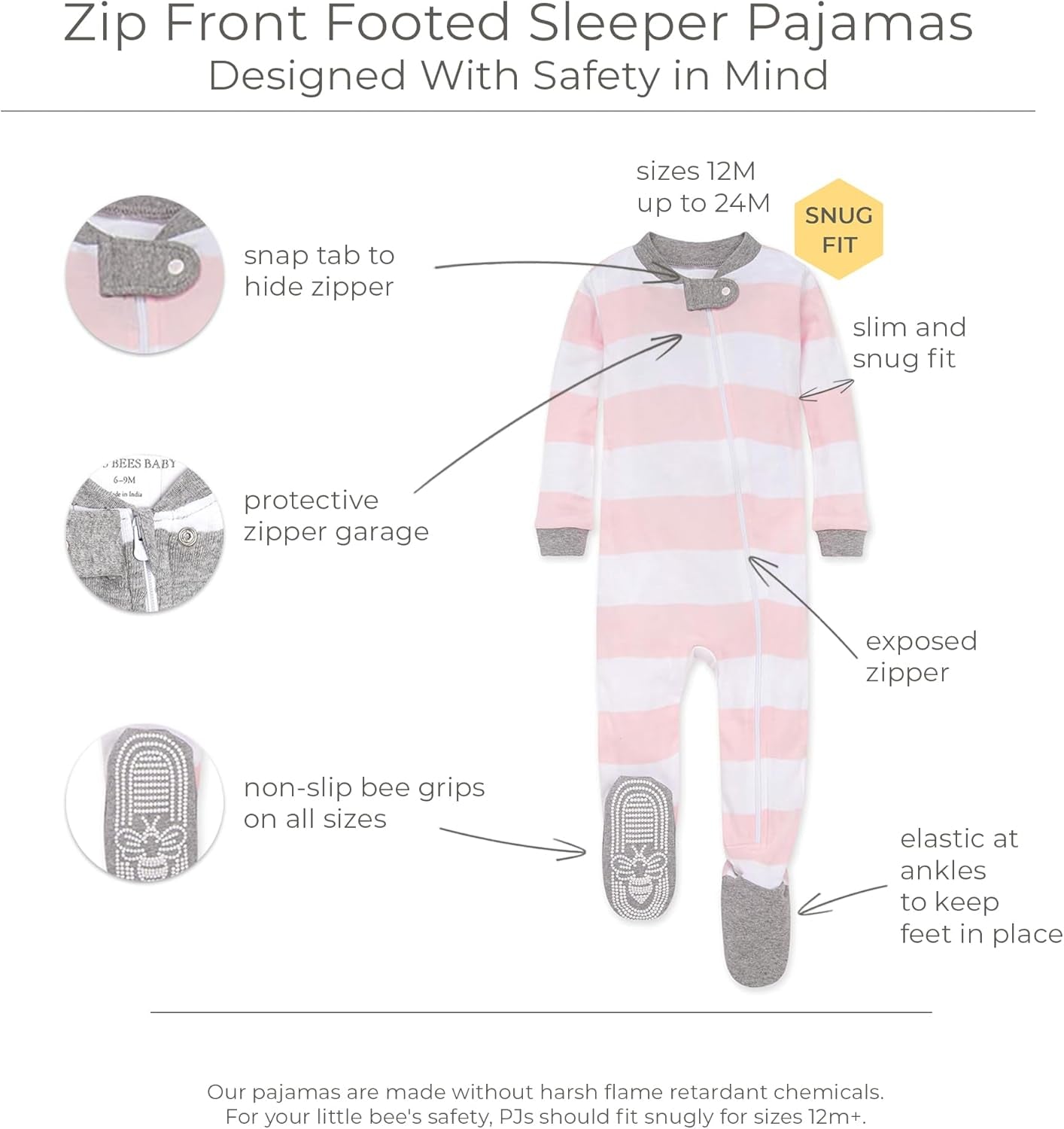 Baby Girls' Organic Cotton Zip-Front Non-Slip Footed Sleeper Pajamas