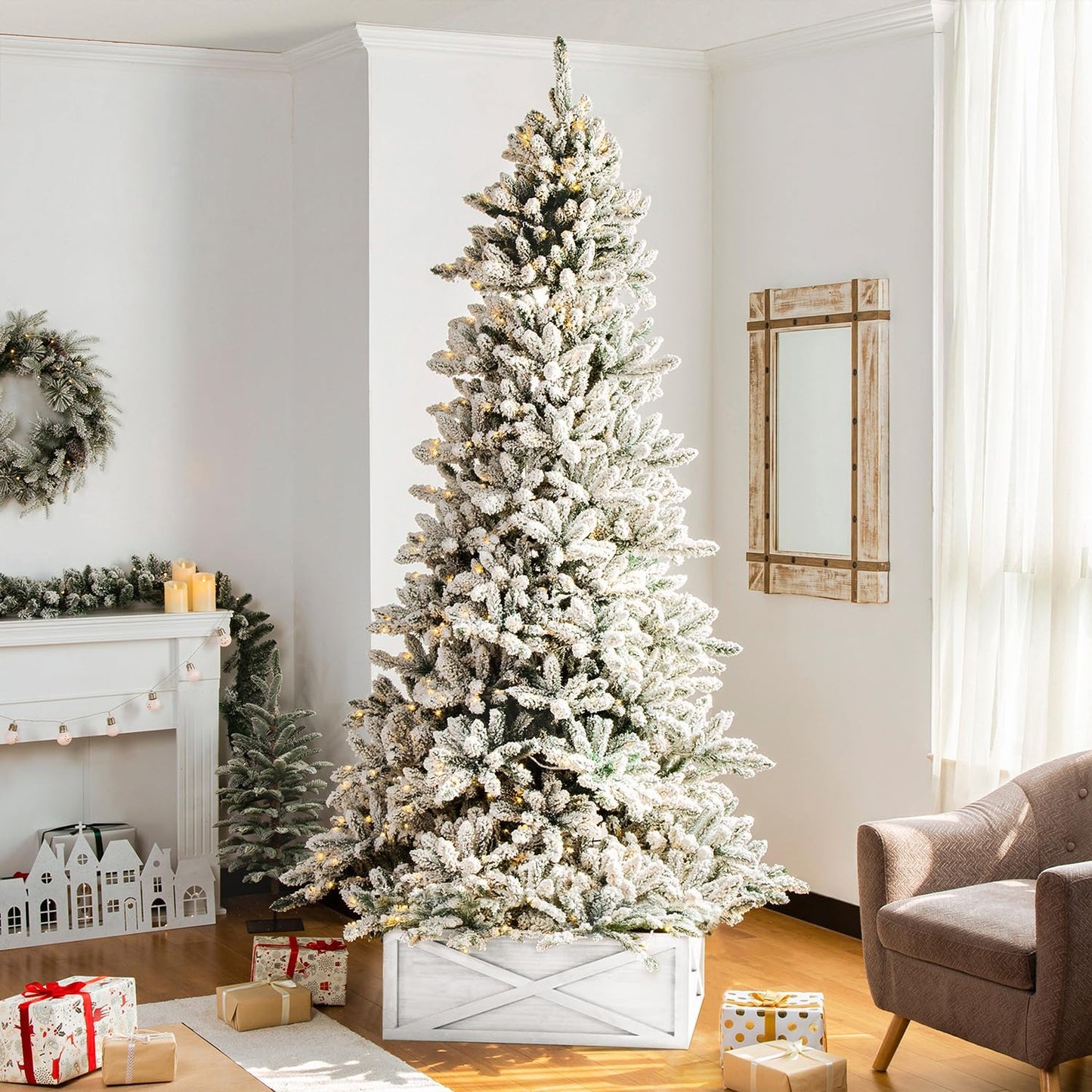 Washed White Wooden Tree Collar Tree Stand Cover Christmas Tree Skirt Tree Box, 32" L X 32" W