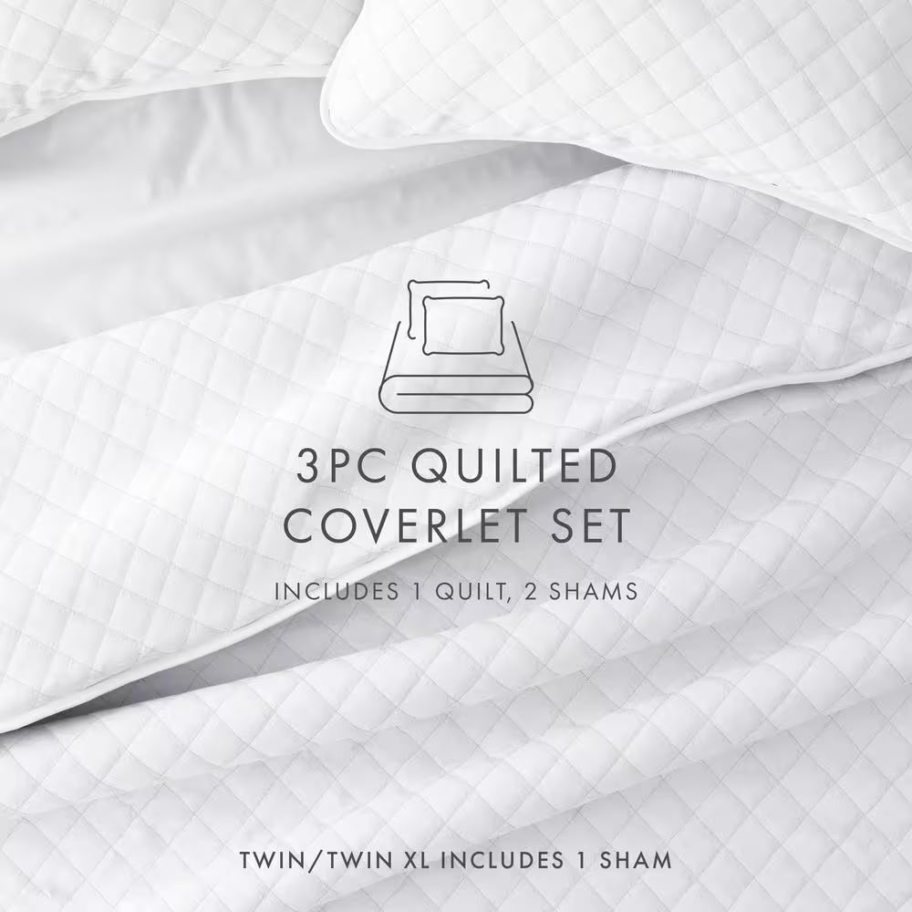 All Season 3-Piece White Diamond Stitch Microfiber Quilt Set, King/Calking
