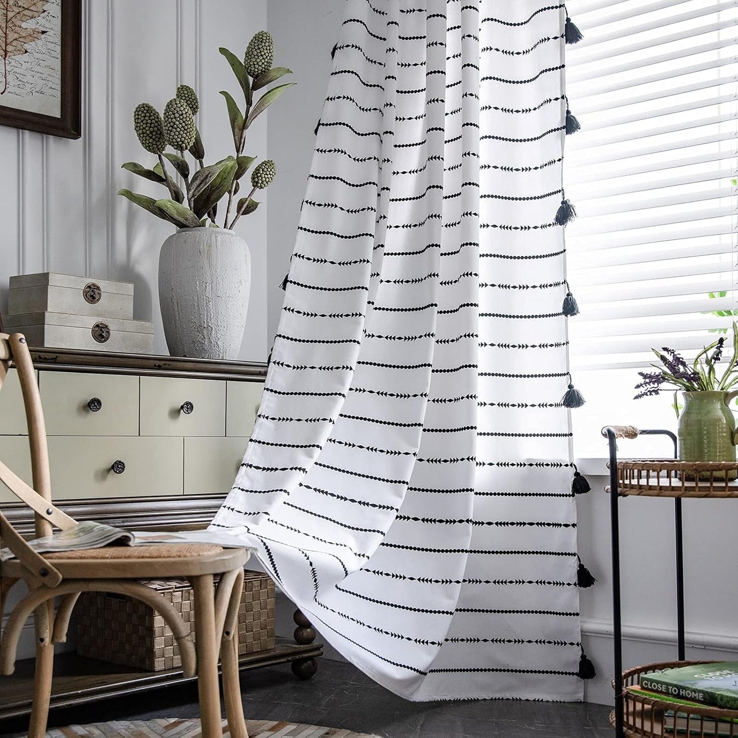 Geometric Striped Semi-Blackout Window Curtains for Living Room Boho Cotton Linen Darkening Curtains with Tassels Rod Pocket Drapes for Bedroom 2 Panels Set (52" W X 84" L, Black/White)