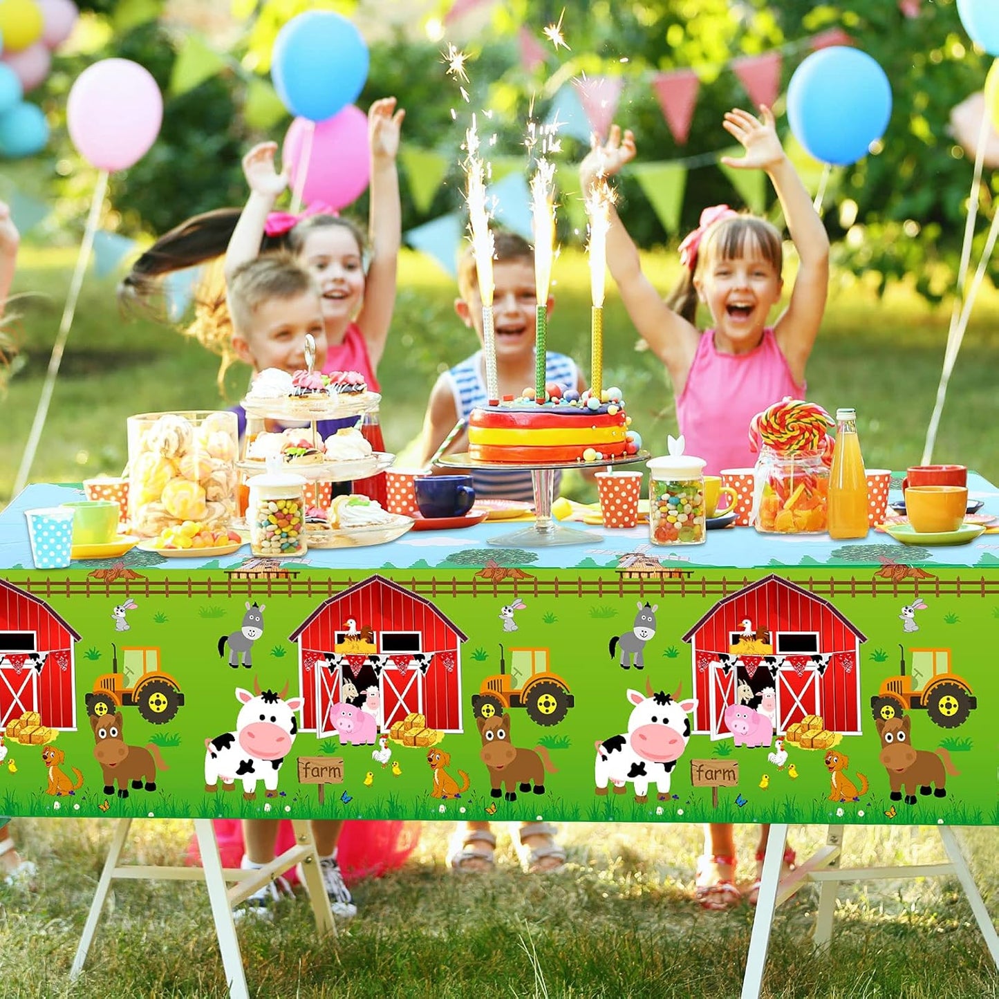 Farm Animals Party Tablecloth Farmhouse Disposable Plastic Table Cover Barnyard Farm Animal Theme Party Decorations for Baby Shower Birthday Party Supplies, 108 X 54 Inch (Red,1 Piece)