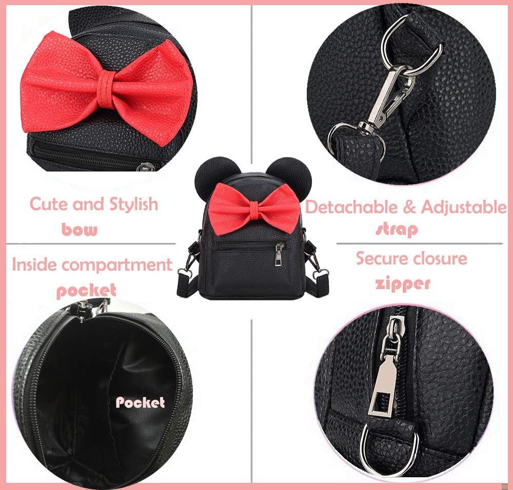Girls Mini Backpack Purse Mouse Ear Polka-Dot Sequin Bow Convertible Backpack to Crossbody Bag for Women (Black Sequin Bow, W7.5 X H8.7)
