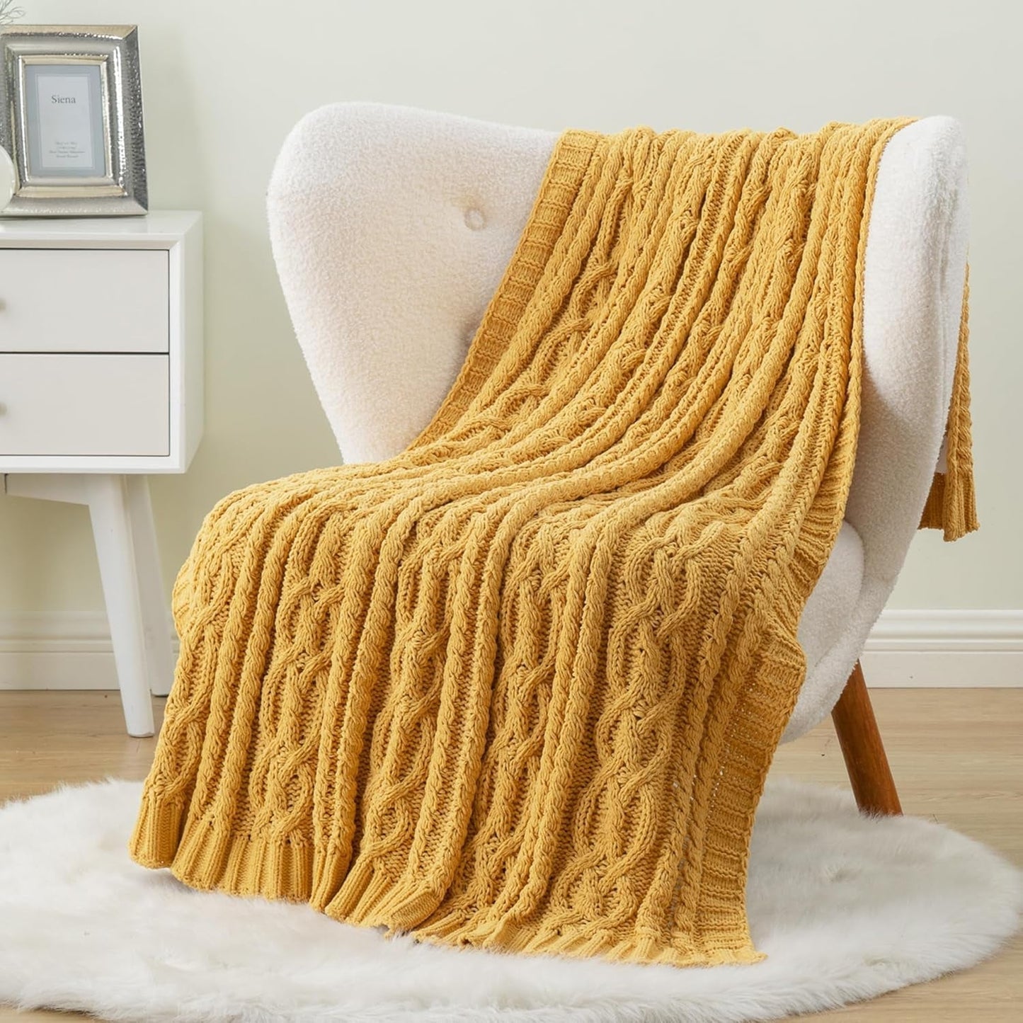 Mustard Yellow 51"X67" Chenille Throw Blanket for Couch, Sofa, Bed, All Seasons, Soft, Warm, Cozy
