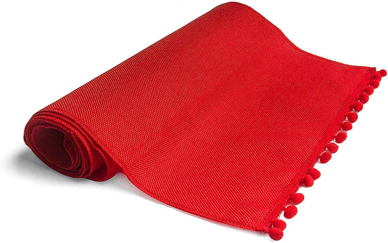 Christmas Table Runner, 14X72 Inch Rustic Burlap Table Runner with Pom Pom Red Dining Table Runner for Christmas Wedding Valentine'S Day Party Decorations