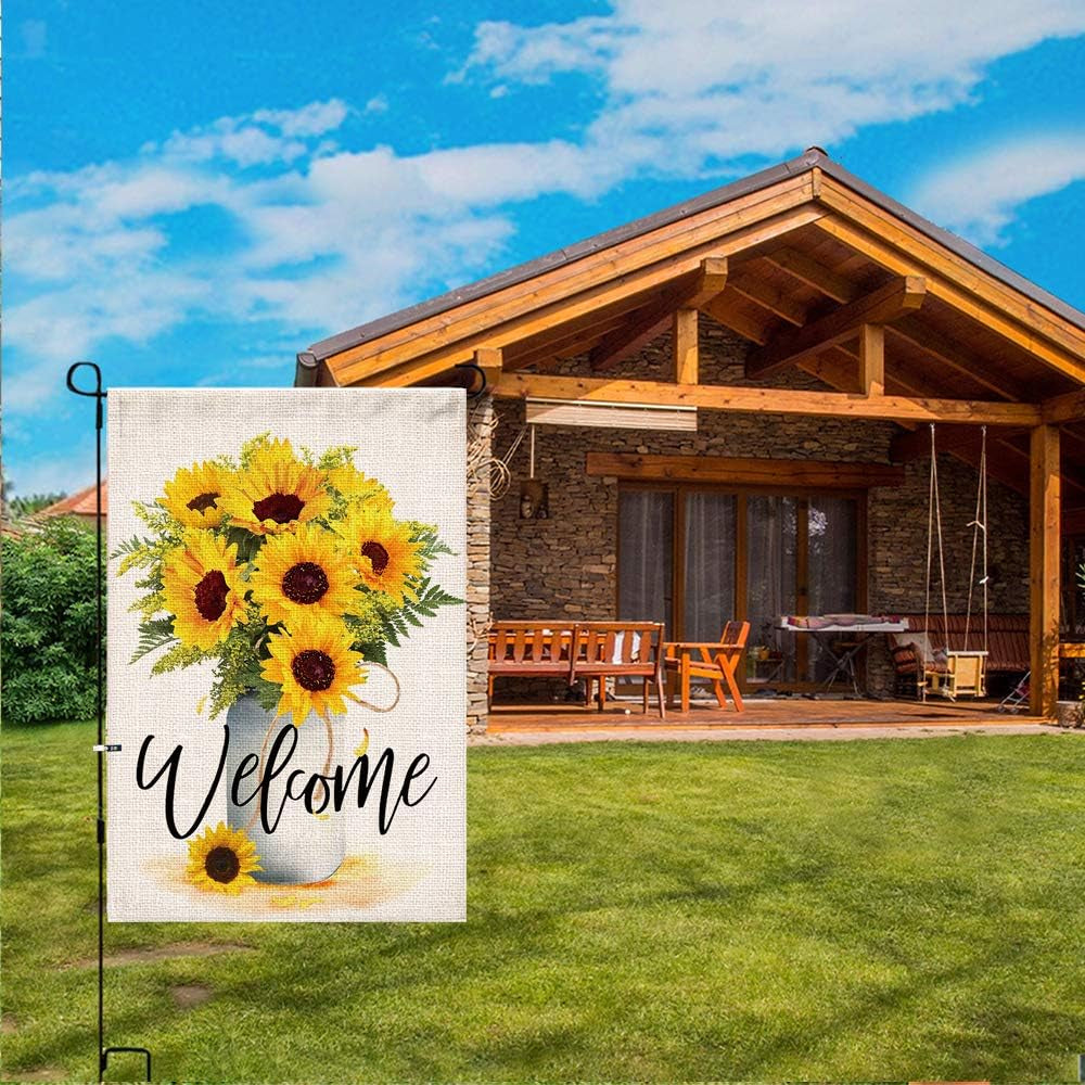 Sunflower Arrangement Vase Welcome Garden Flag Double Sided,Burlap Summer Fall Farmhouse Outdoor Welcome Garden Decor,Small Garden Flag 12X18 Prime