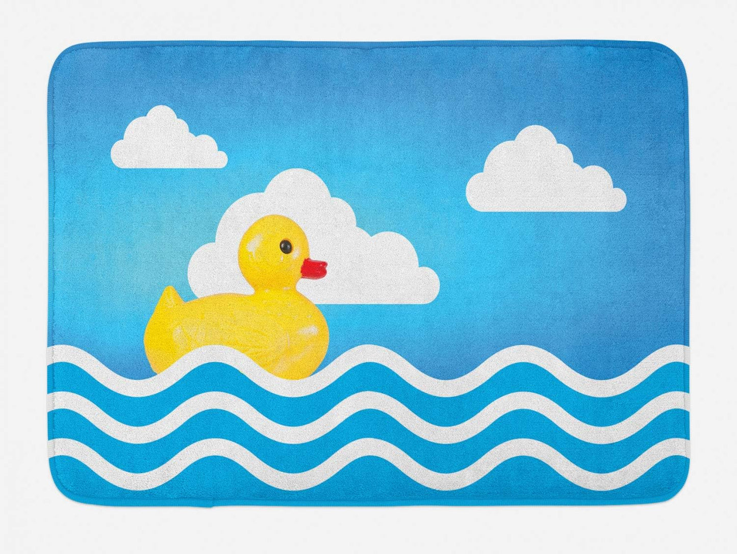 Rubber Duck Bath Mat, Yellow Childrens Toy on Wavy Water Inspired Stripes Clouds, Plush Bathroom Decor Mat with Non Slip Backing, 30.2" X 20", White Yellow