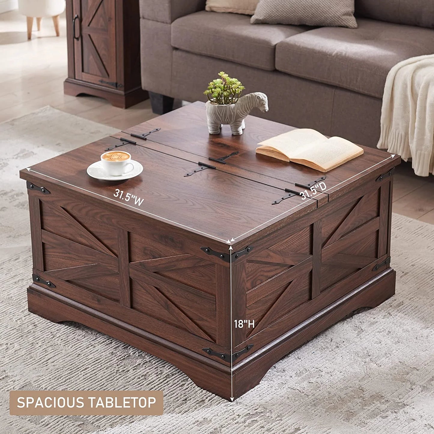 Farmhouse Coffee Table with Storage and Lift Top, Square Wood Center for Living Room, Brown