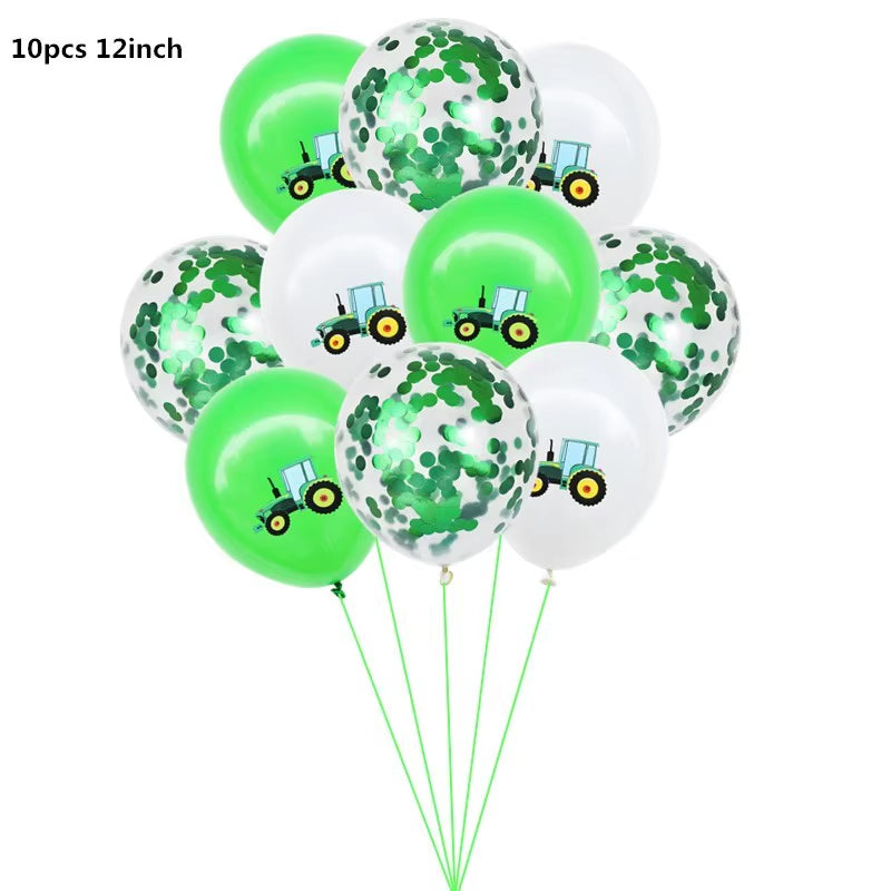 Farm Theme Green Tractor Inflatable Balloons Cake Topper Happy Birthday Party Decoration Kids Birthday Excavator Vehicle Banner