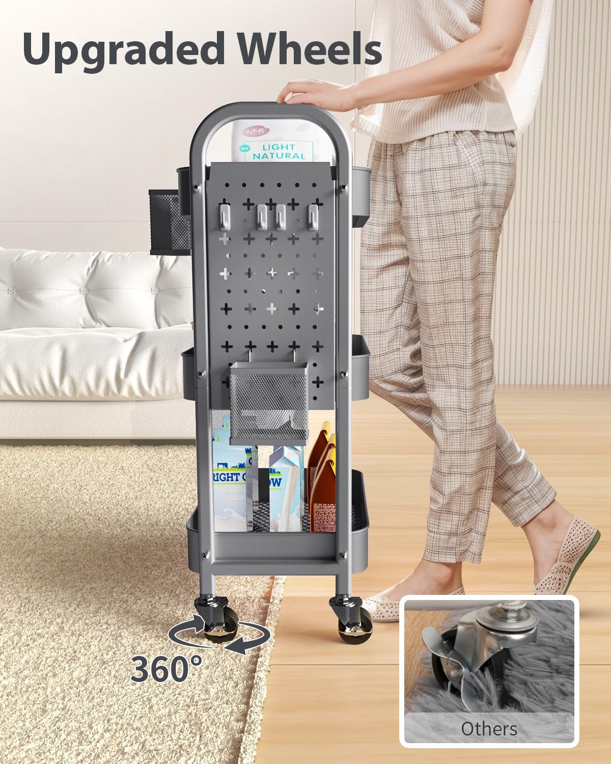 3 Tier Rolling Cart with DIY Pegboards Metal Utility Cart with Wheels Handles Baskets Hooks, Storage Cart for Office Kitchen Bathroom(Gray)