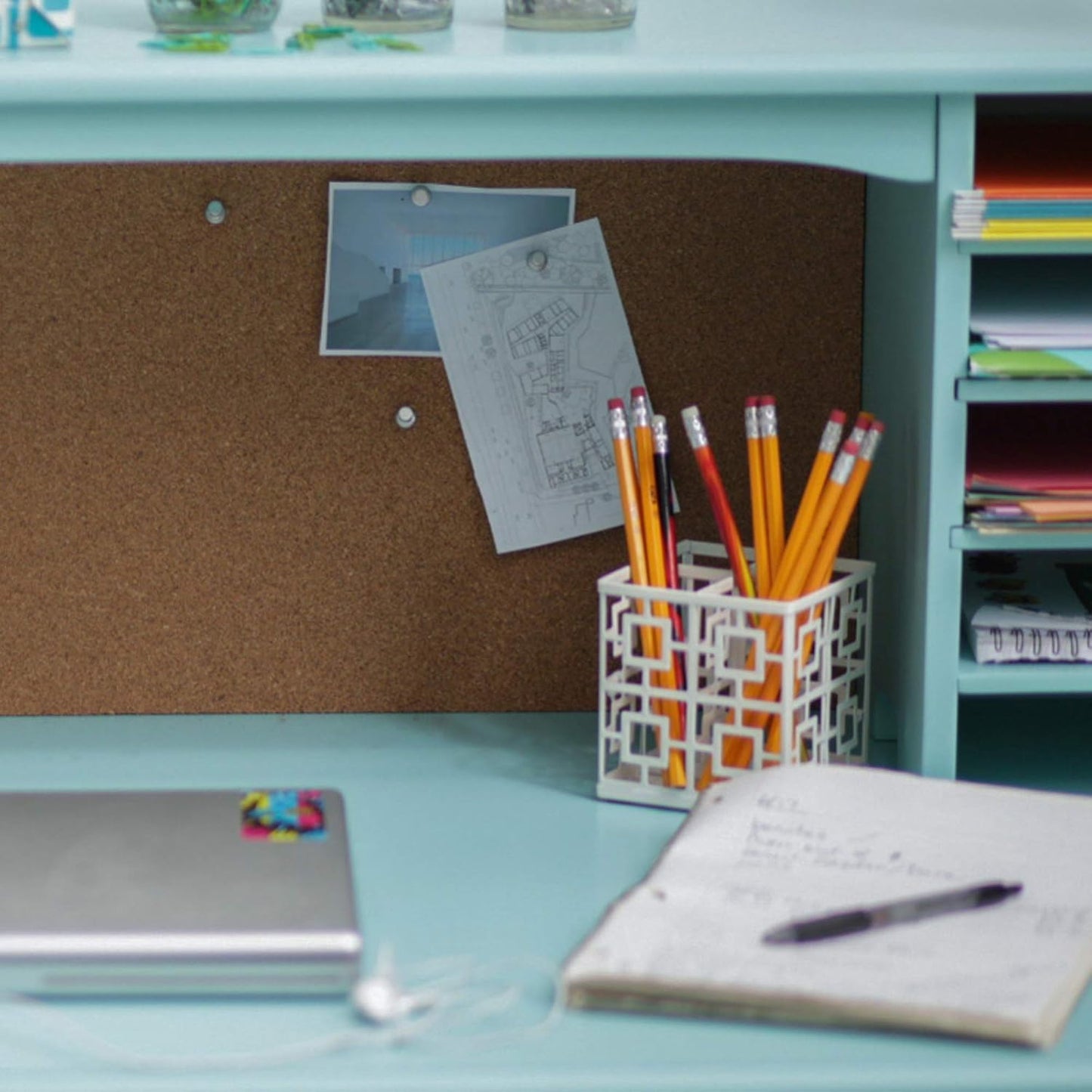 Kids Media Desk, Hutch and Chair Set - Teal: Kids Table and Chairs Set, Student'S Study Desk with Storage, Computer Workstation | Wooden Kids Bedroom Furniture Set