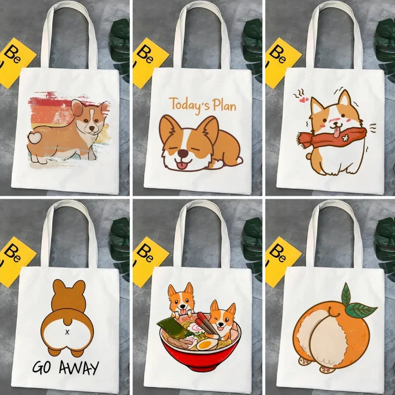 Corgi Dog Cartoon Funny Shopping Bag Graphic Tote Handbag Harajuku Shopper Bag for Women Eco Large-Capacity Female Shoulder Bag