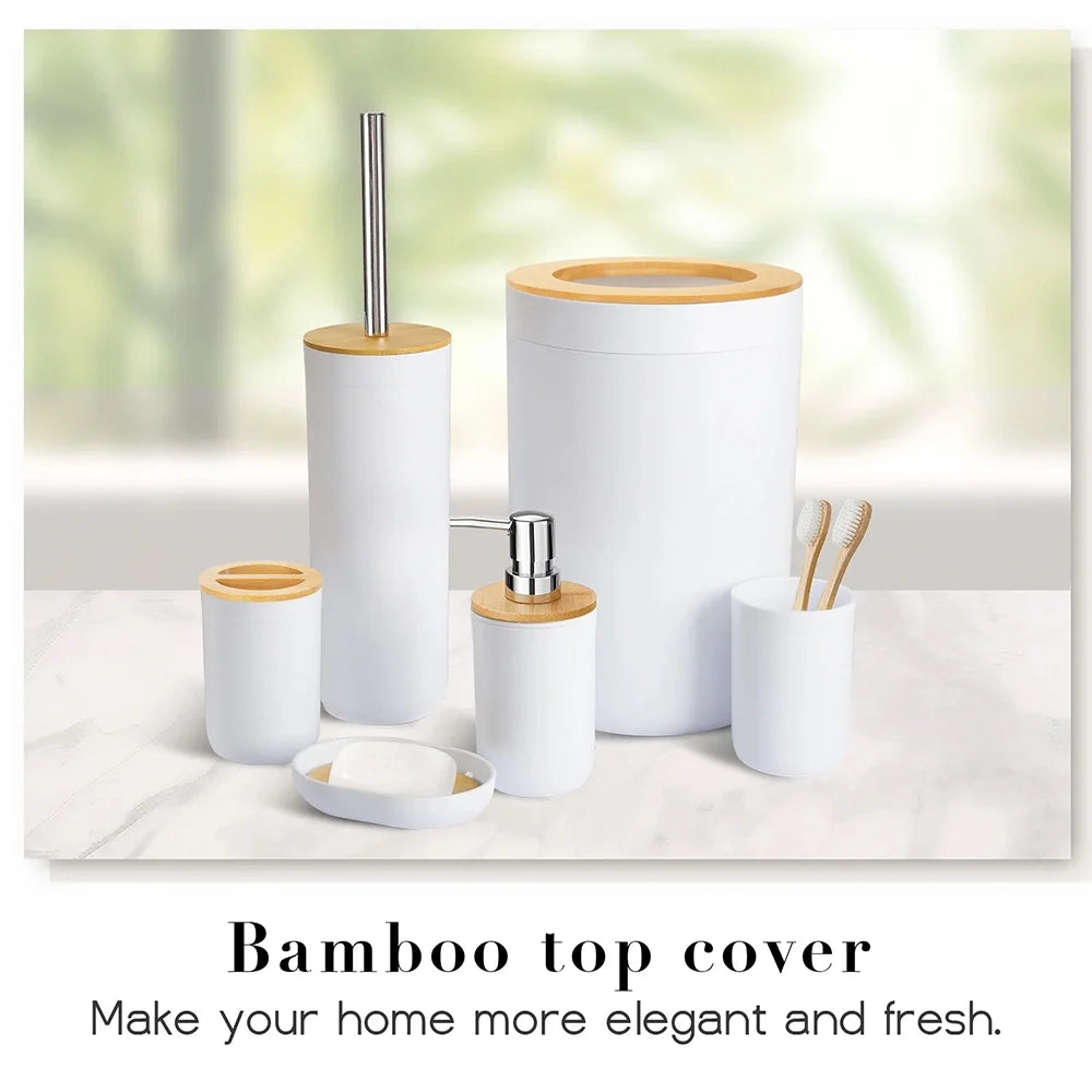 Bamboo Bathroom Accessory Set, 6 Pieces Bath Set- Soap Dish Toothbrush Holder Rinse Cup Lotion Bottle Trash Can Toilet Brush - Practical Toilet Kit for Home Washing Room,White