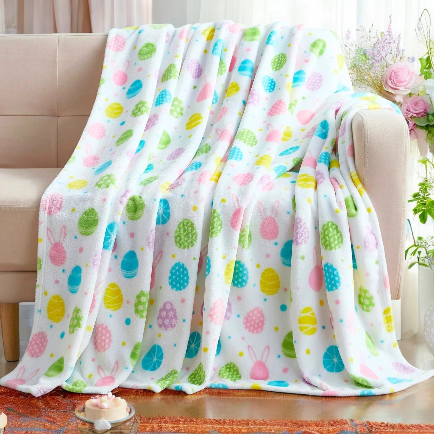 Easter Spring Flowers and Eggs Velvet Fleece Throw Blanket, 50" X 70"