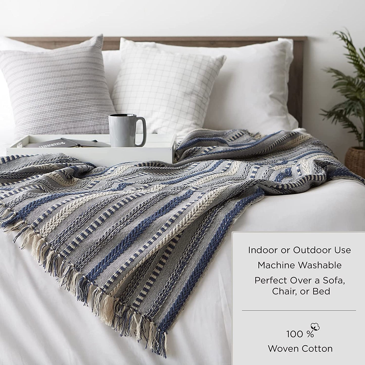 Modern Farmhouse Plaid Collection Cotton Fringe Throw Blanket, 50X60, White/Black