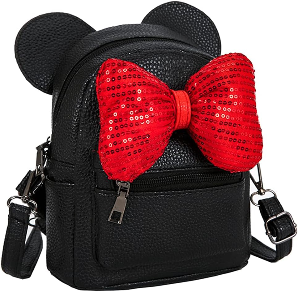 Girls Mini Backpack Purse Mouse Ear Polka-Dot Sequin Bow Convertible Backpack to Crossbody Bag for Women (Black Sequin Bow, W7.5 X H8.7)
