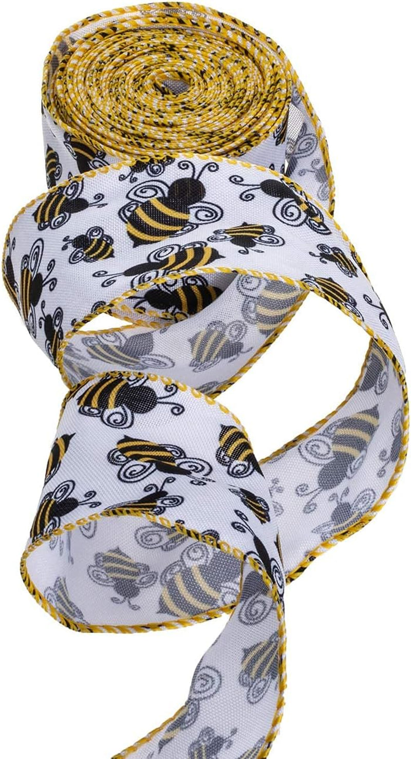 Bumble Bee Wired Edge Ribbon, Honeybee Print Ribbon for Wreaths, Gift Wrapping and Party Decoration, 10 Yards by 2.5 Inches