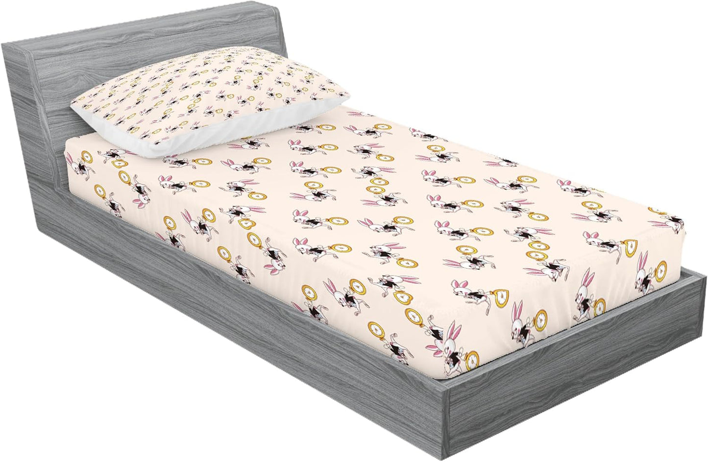 Alice in Wonderland Fitted Sheet & Pillow Sham Set, White Rabbit Dancing in the Sky Fantasy World and Alice Theme, Decorative Printed 2 Piece Bedding Decor Set, Twin, Pink Black Yellow