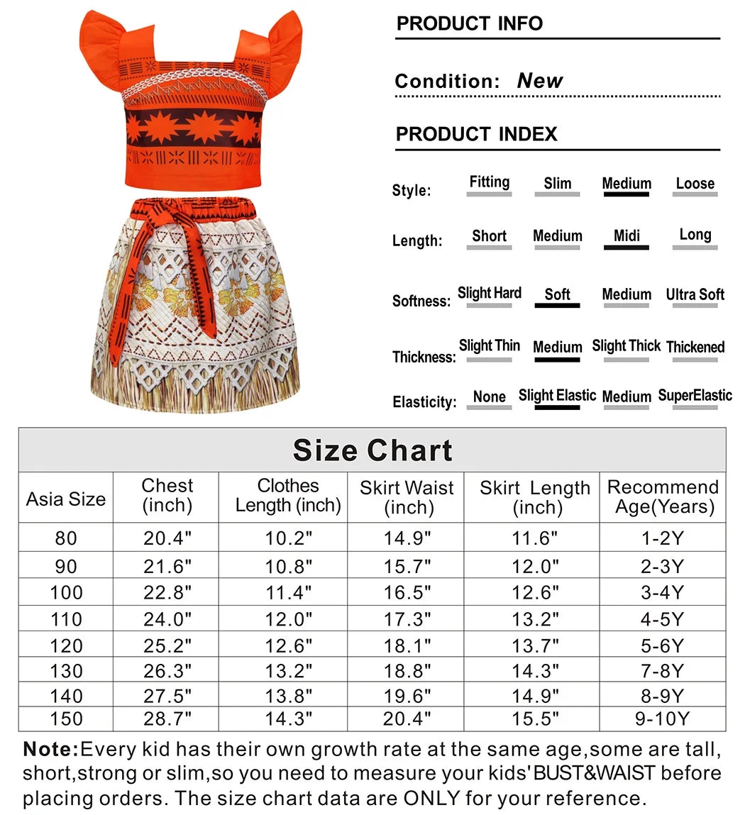 Moana Ocean Adventure Costume for Girls Skirt Sets Princess Dress up Kids Cosplay Role Play Christmas Outfit with Accessories