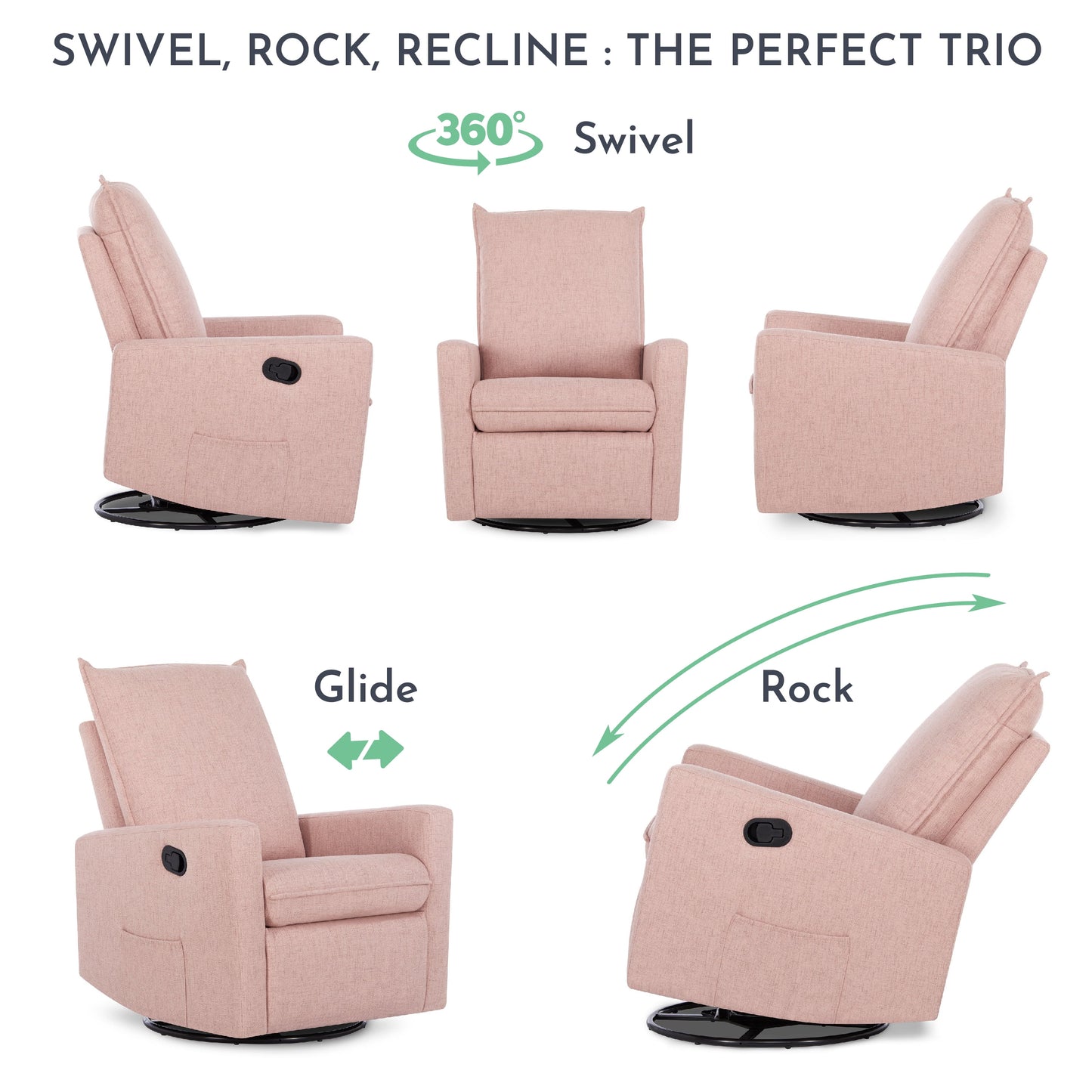 Faye Glider Recliner, Swivel Glider, Easy Assembly, Rose, Nursery Glider