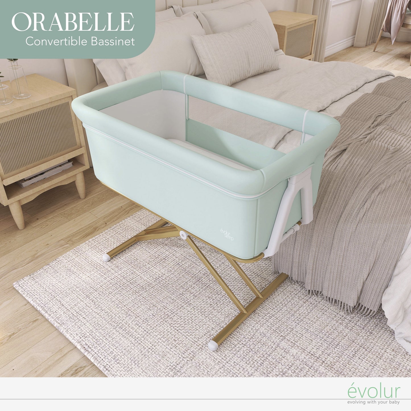 Orabelle Bedside Bassinet and Sleeper for Baby in Mint, Easy to Fold and Carry