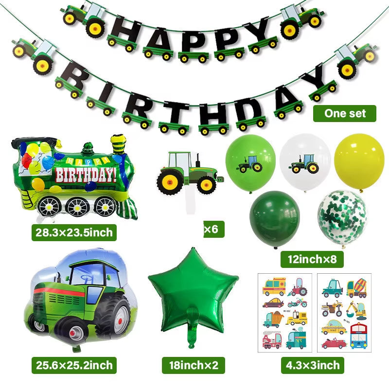 Farm Theme Green Tractor Inflatable Balloons Cake Topper Happy Birthday Party Decoration Kids Birthday Excavator Vehicle Banner