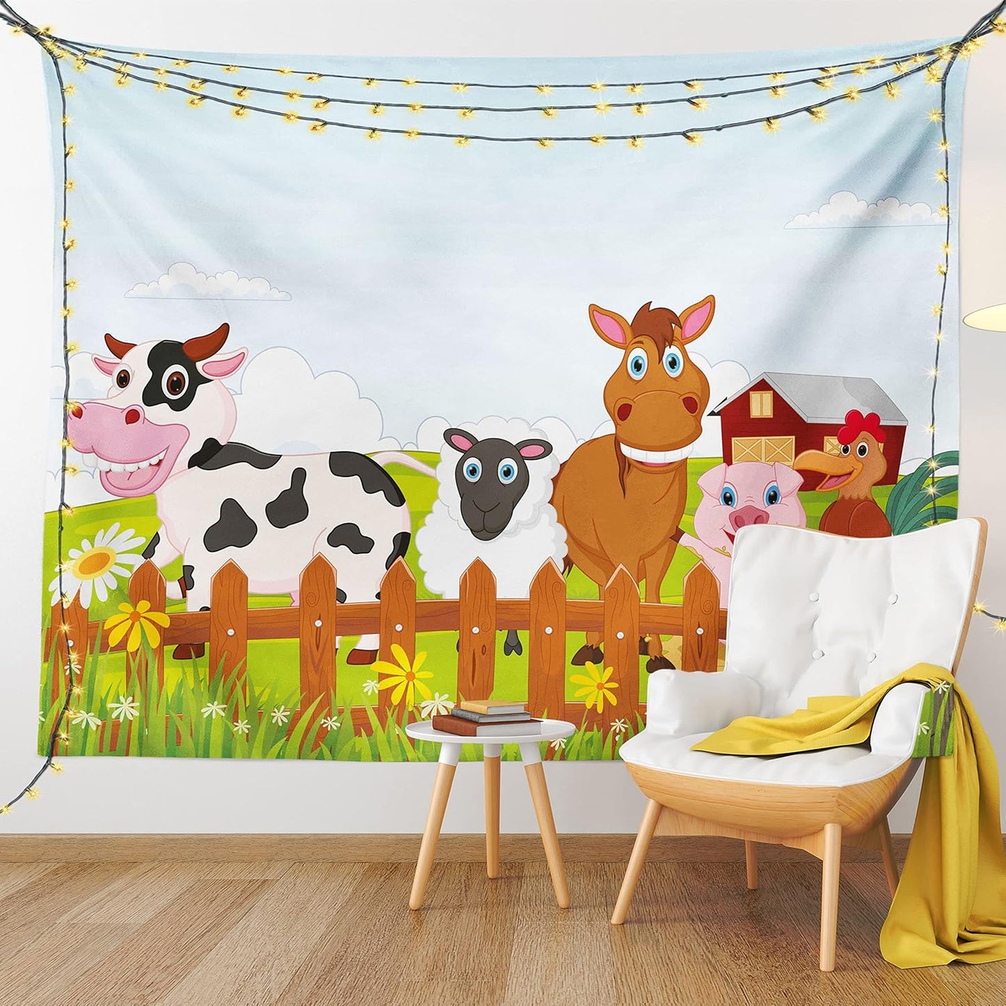 Animal Tapestry King Size, Farm Creatures Cow Horse Goat Pig and Chicken by the Fences Cartoon, Wall Hanging Bedspread Bed Cover Wall Decor, King Size, Pale Brown