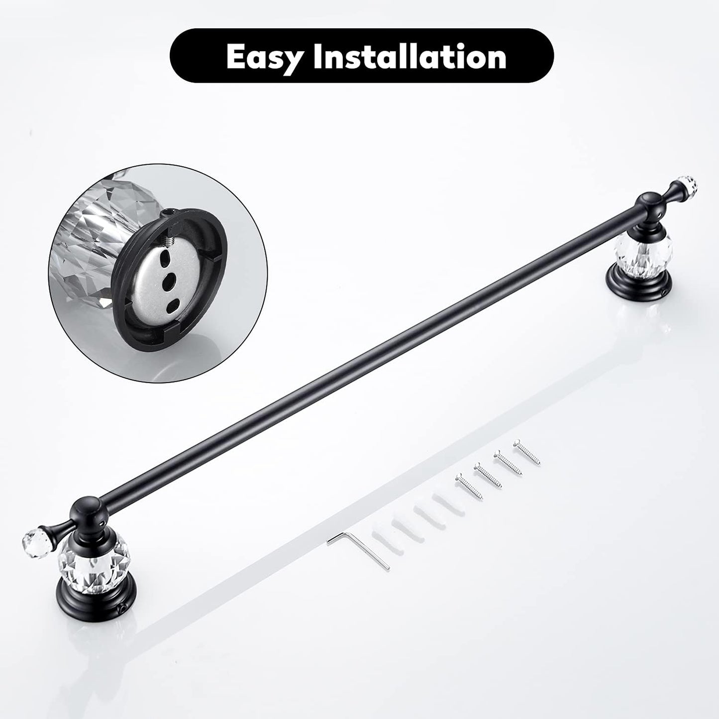 Crystal Bathroom Hardware, Matte Black Bathroom Accessories Set Towel Bar Toilet Paper Holder Towel Ring Coat Hooks 4 Pieces