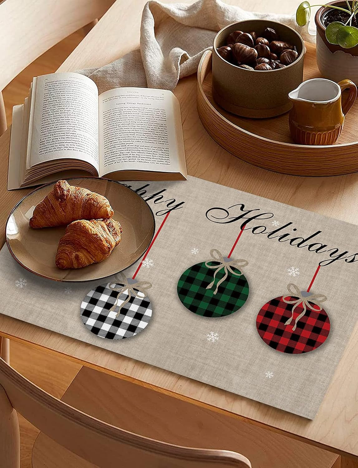 Christmas Theme Placemats Set of 6, Farmhouse Rustic Ornaments Plaid Balls Cotton Line Stain Resistant Table Mats Washable Holidays Placemat Decoration for Kitchen Dining Table Happy Holidays