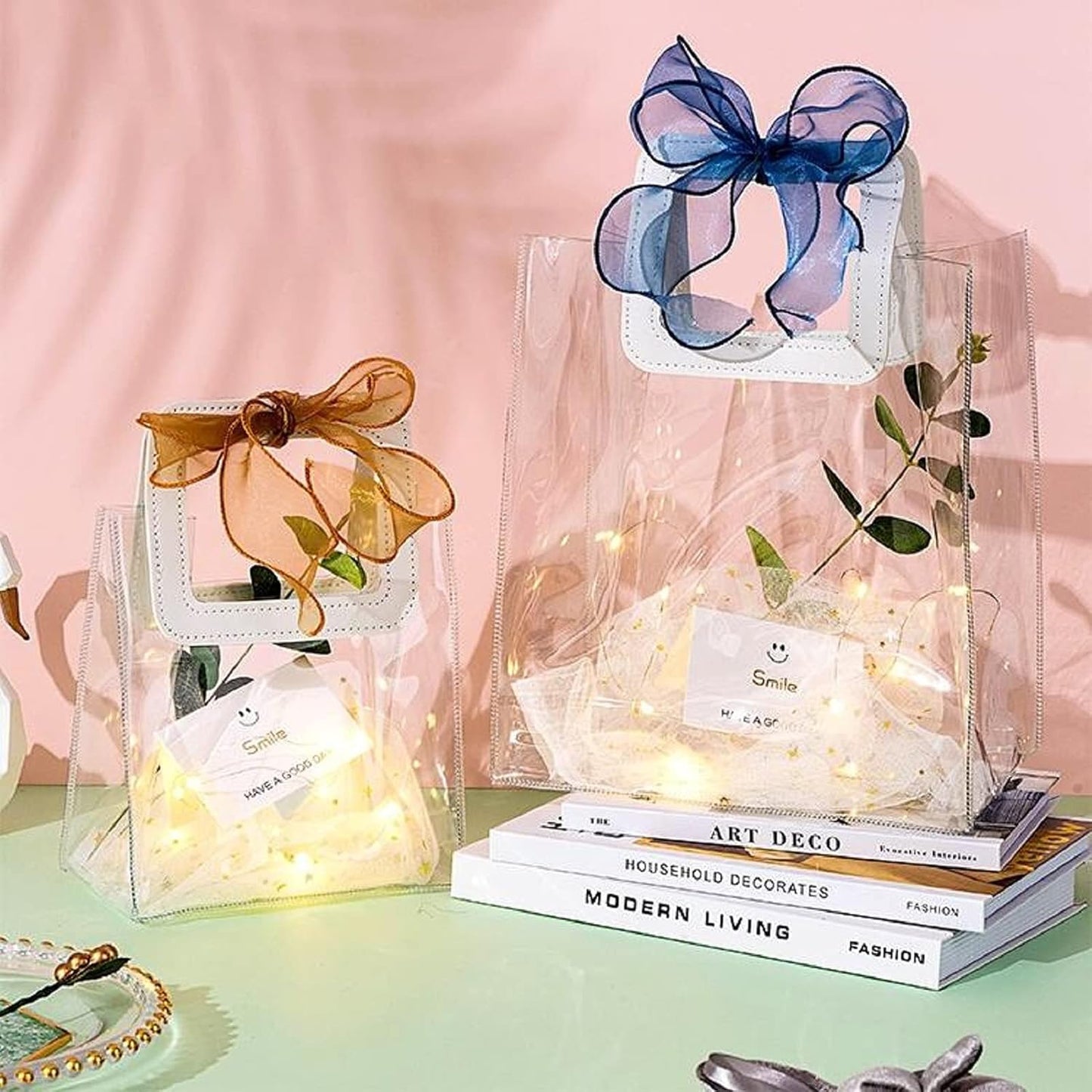 Clear Gift Bag with Handle, 4 Pcs Transparent PVC Gift Bag, Heavy Duty Reusable Gift Wrap Bags for Bridal Party, Baby Shower, Wedding Favor, Shopping Bag Bulk- 7"X4" X8"