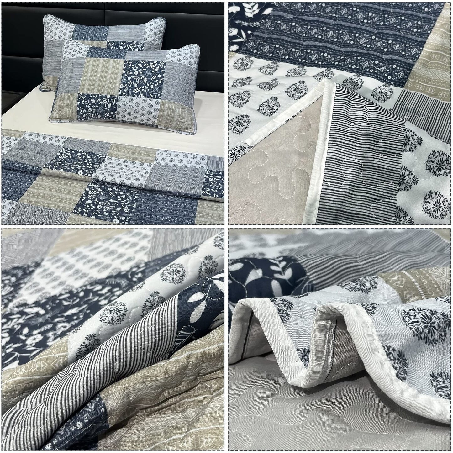 Oversized King Size Quilt Set 128X120 Grey Plaid Patchwork Extra Wide Super K...