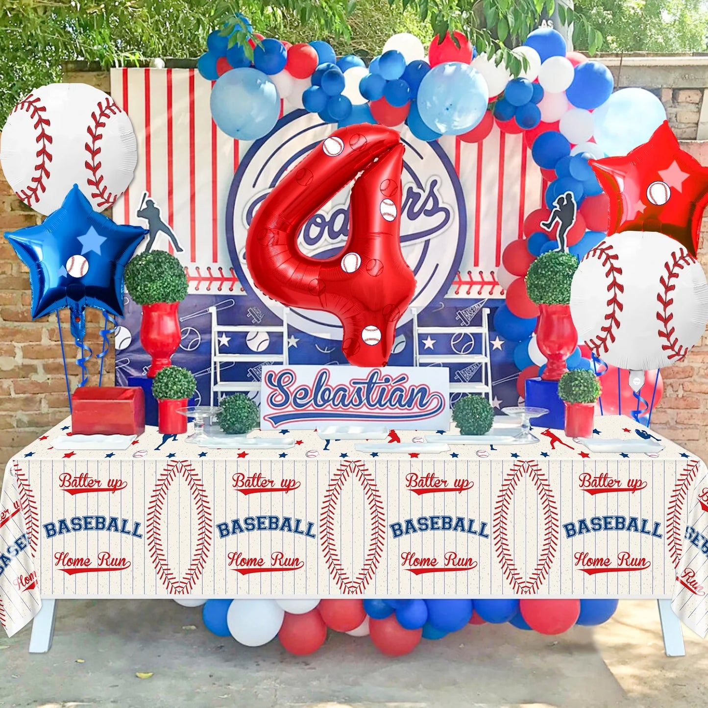 5 Pcs Baseball Balloons Set - Includes Baseball Foil Balloons, Number4 Balloon, Blue Red Star Balloons, Baseball Stickers for Baseball Party Supplies