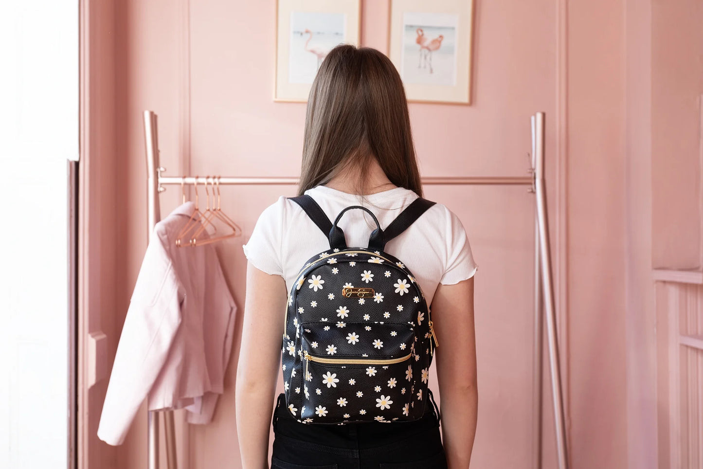 Mini Waterproof Vegan Leather Backpack for Women, Teens and Girls for Work, School, Recreation, Commuting & Traveling in Black Flowers