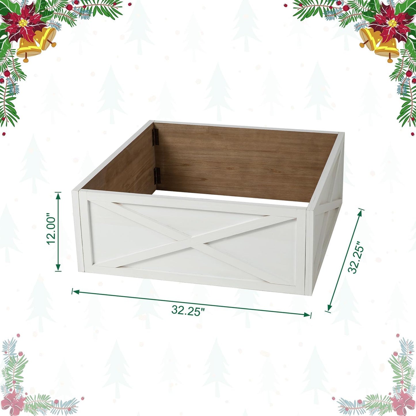 Washed White Wooden Tree Collar Tree Stand Cover Christmas Tree Skirt Tree Box, 32" L X 32" W