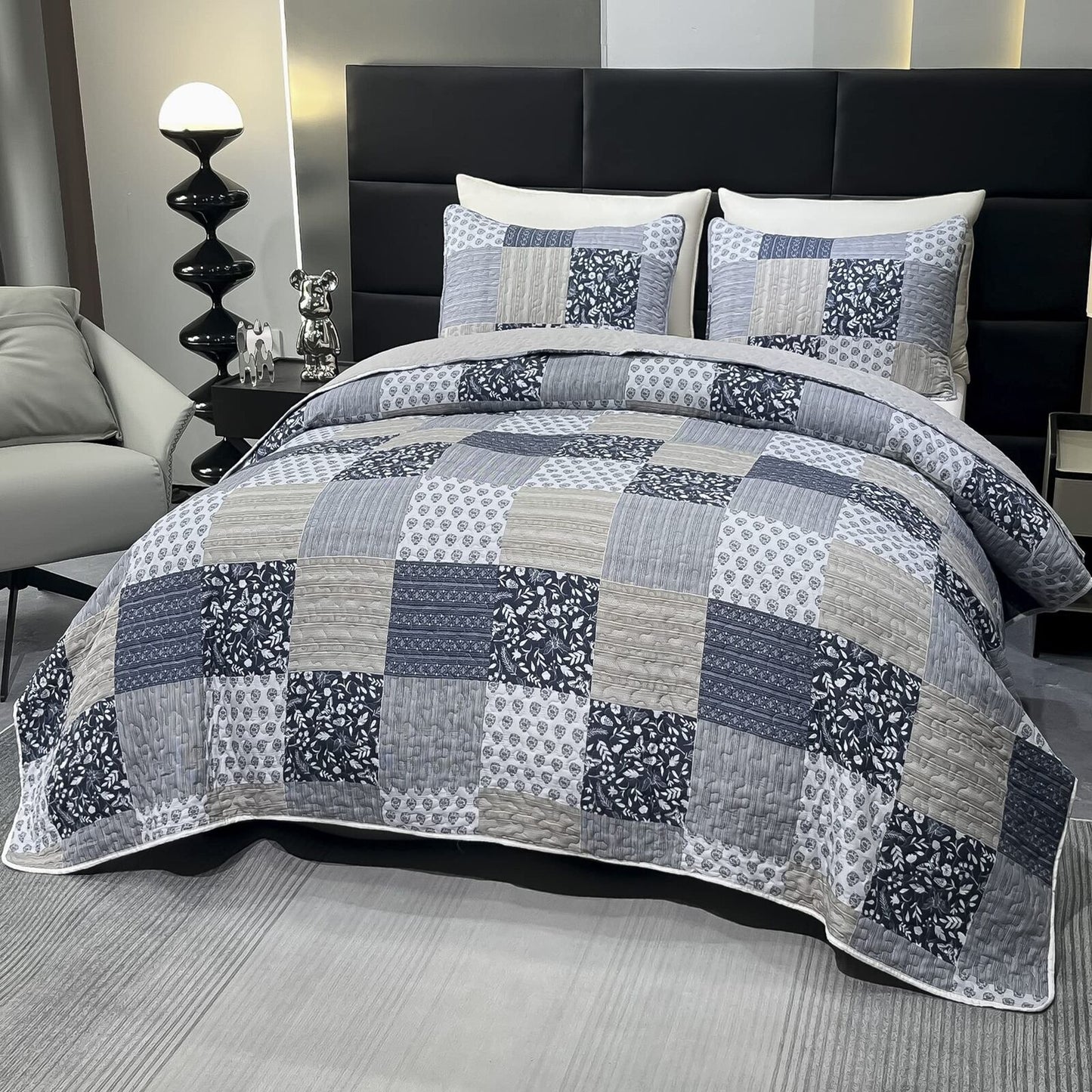 Oversized King Size Quilt Set 128X120 Grey Plaid Patchwork Extra Wide Super K...