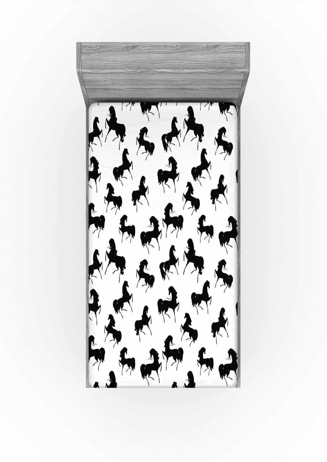 Horses Fitted Sheet, Farm Animal Silhouettes with Various Poses Galloping Trotting Cantering Loping, Bed Cover with All-Round Elastic Deep Pocket for Comfort, Twin XL Size, Black
