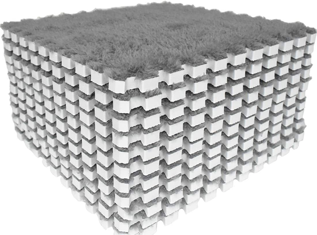 Interlocking Carpet Shaggy Soft EVA Foam Mats Fluffy Area Rugs Protective Floor Tiles Exercise Play Mat for Children Kids Room Home Parlor Bedroom (12 Pcs, Gray)
