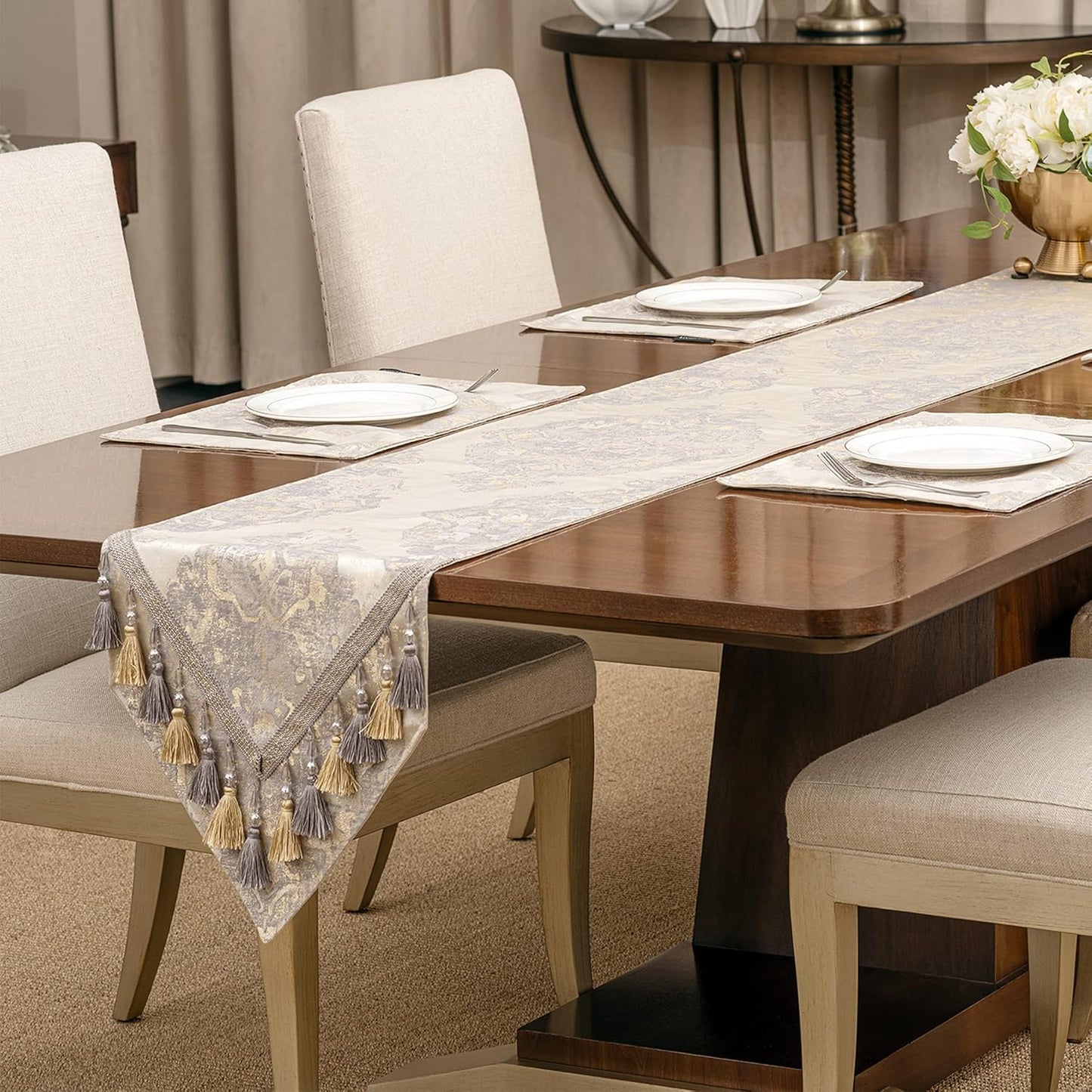 Luxury Table Runner 90 Inches Long, Elegant Damask Jacquard Table Runners with Handmade Multi-Tassels for Dining Room Dresser Party Holiday Banquet Decoration(Beige, 13X90 Inch)