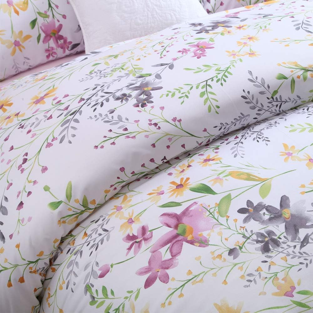 Garden Style Floral Queen Size, Pink Gray Green Branches Flower Leaf Print Bedding Set Reversible Purple Bedding Collection 1 Duvet Cover with 2 Pillowcases