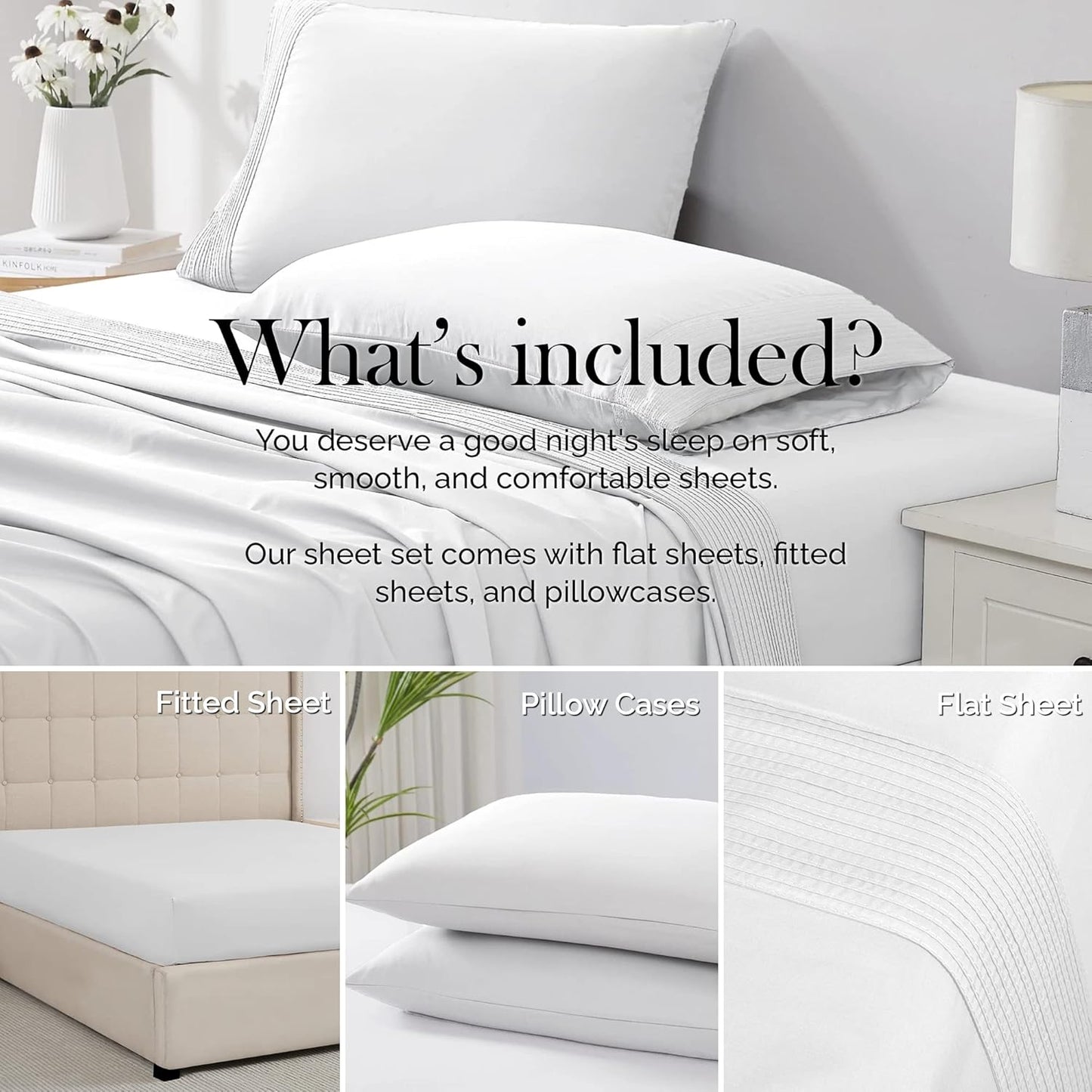 Southshore Fine Living Vilano Pleats, 4-Piece, 21-Inch Extra Deep Pocket Sheet, Queen Sheets with Flat Sheets and Pillowcase, Easy Care and Shrinkage-Free Deep Pocket Sheets, Sheet Set, Bright White