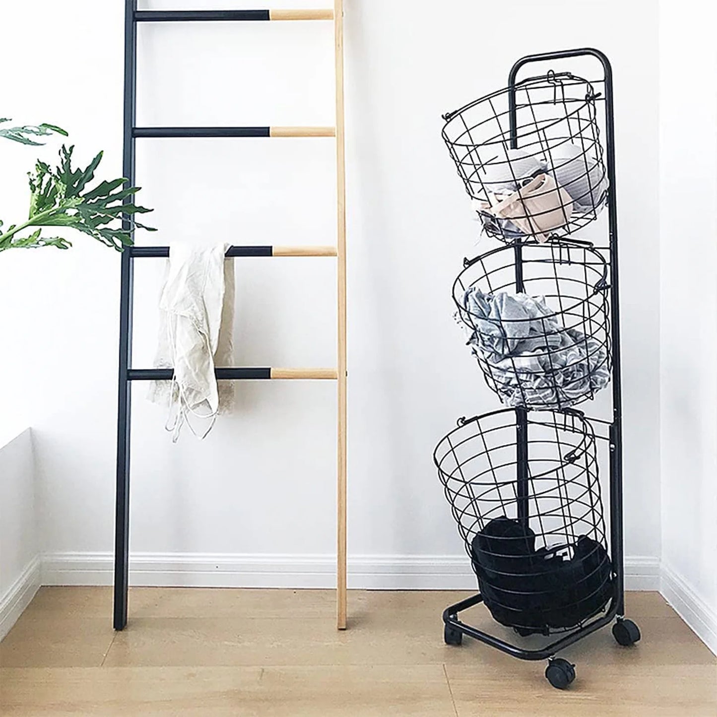 Removable 3 Tier Metal Rolling Laundry Basket Cart,Large Capacity Wire Basket Laundry Hamper with Wheels, Laundry Butler for Bathroom Bedroom Laundry Room, Black
