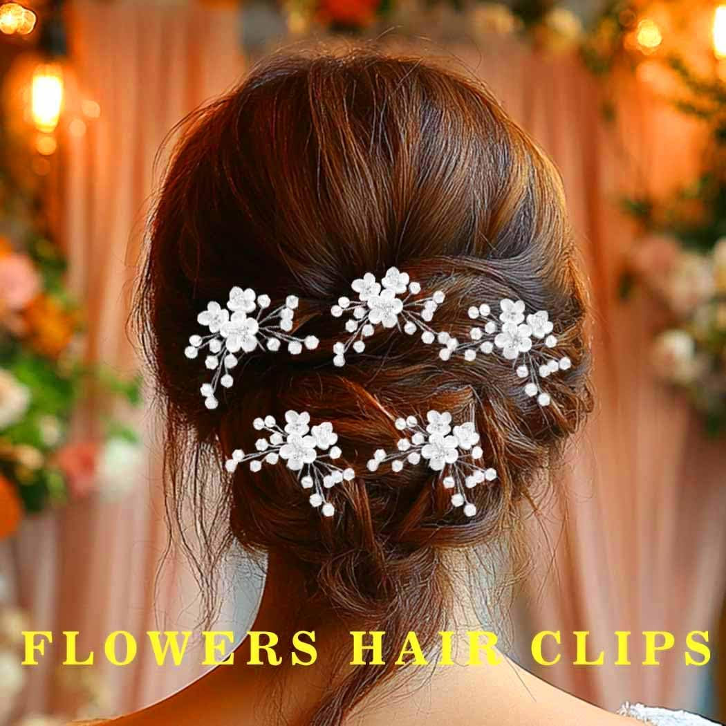 Wedding Flowers Hair Clips Silver Bride Hair Pins Floral Hair Accessories for Women
