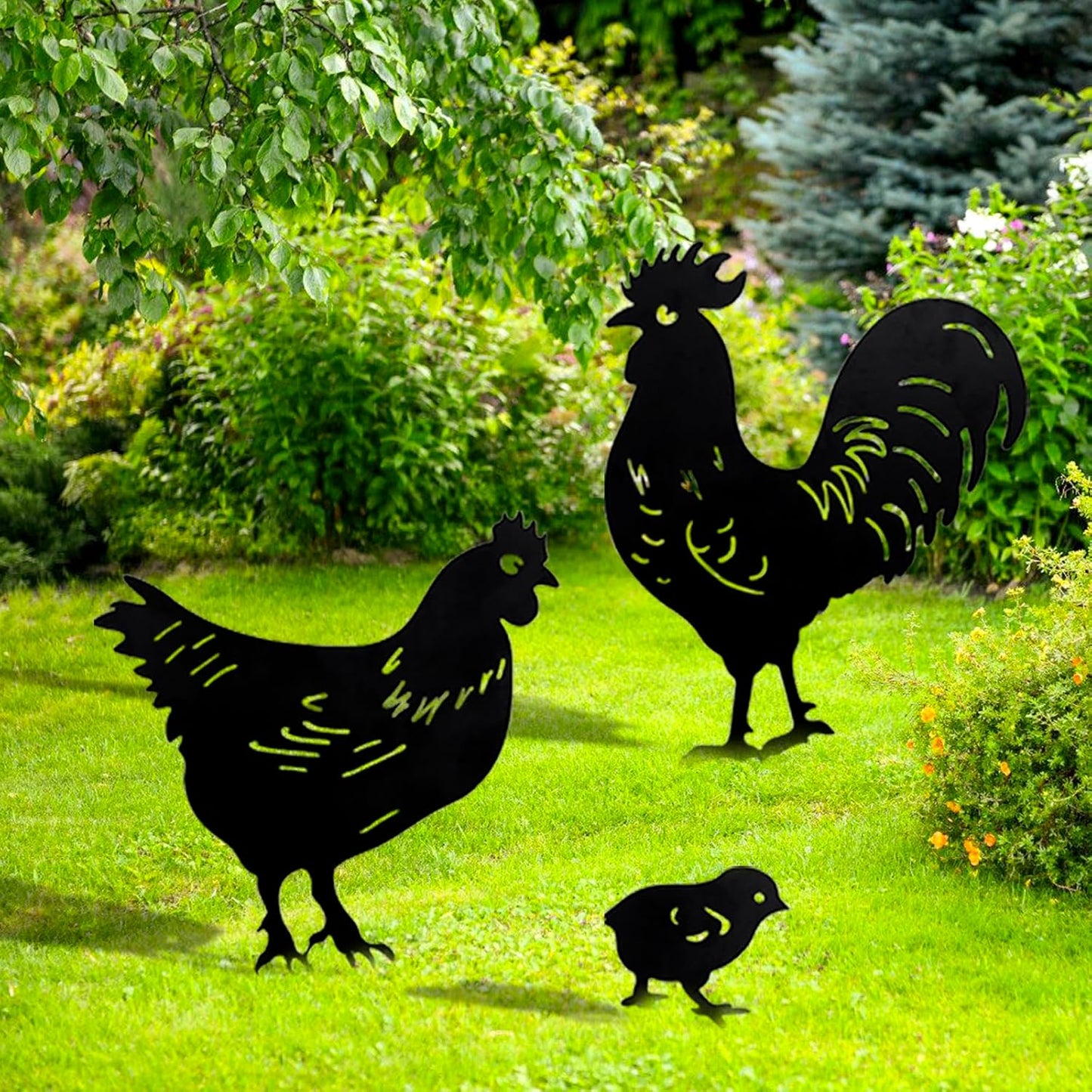 Metal Chicken Yard Decor 3 Pcs Rooster Garden Stakes,Chicken Gifts for Women/Men,Hen/Chicks Silhouette Statues for Yard Art,Backyard,Patio,Lawn Ornaments,Outdoor Decor
