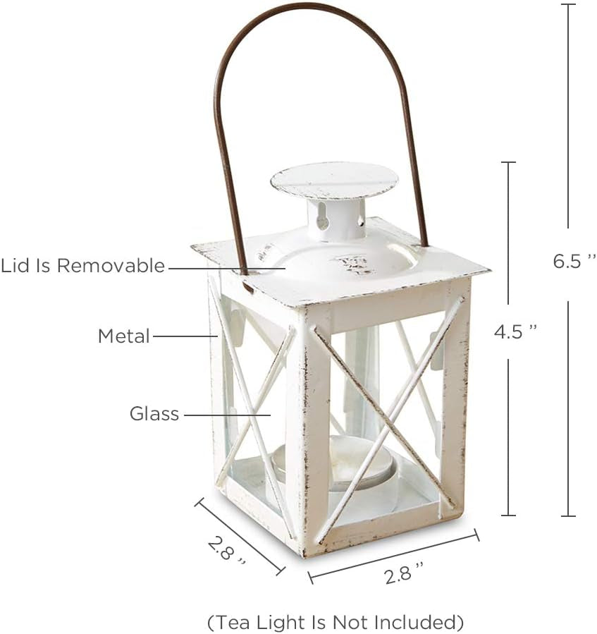 Decorative Lanterns - Set of 6 - Luminous Distressed Metal Lantern Candle Holders for Wedding, Home Decor and Party - 4.5" H (6.5" H with Handle) – White